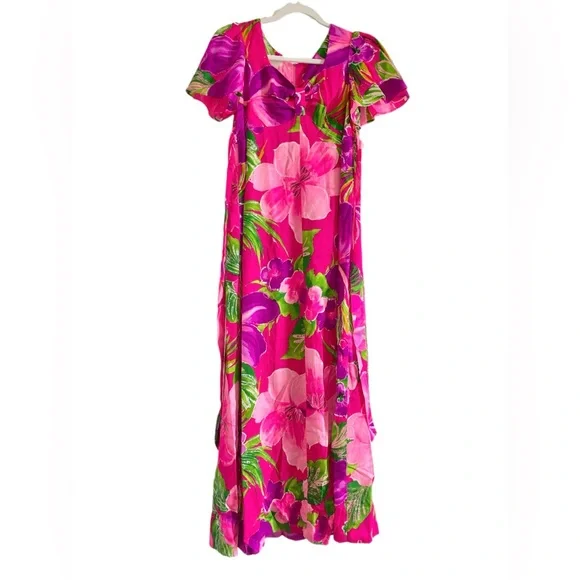 Vtg 60's Pink Magenta Floral Barkcloth Empire Waist Muumuu Dress Tie Back - XS - Picture 2 of 9